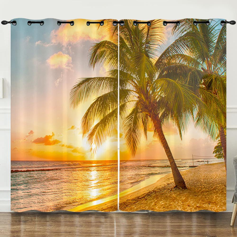 Curtain Summer Coconut Tree Sunset Landscape 3D Digital Printing Blackout Curtain Punching