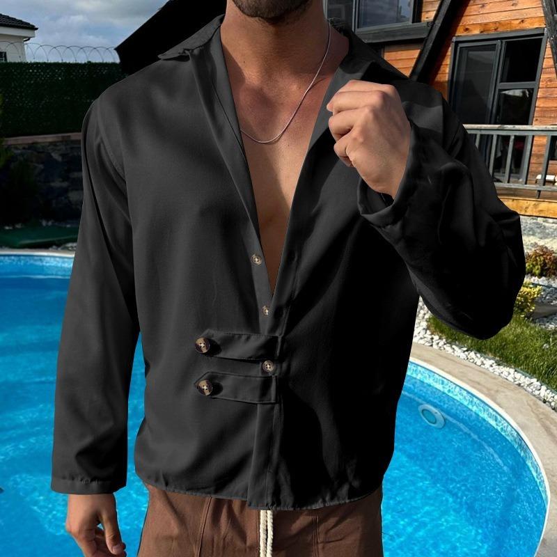 Mens Solid Color Casual Lapel Long Sleeve Shirt