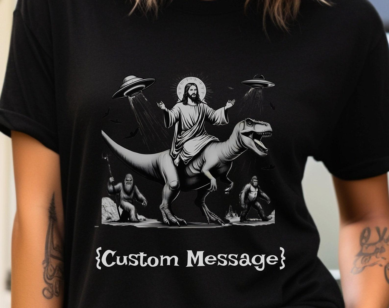 Jesus Riding Dinosaur T-Shirt: Funny UFO Graphic Tee S