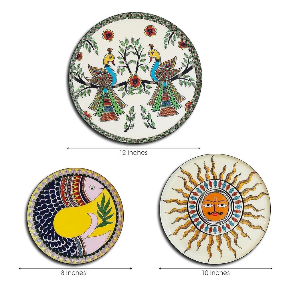 Metal Decorative Wall Plates |  Madhubani Art Design | Living Room Wall Decoration | Décor Items | Gift Items (Multicolour) (Set of 3)