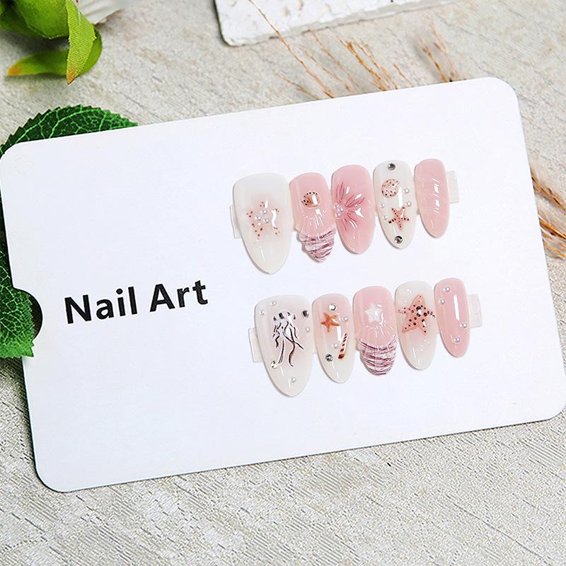 Cross-border Summer Manicure Nail Piece 3D Three-dimensional Relief Flower Fake Nail Shell Starfish Pure Handmade Wearing Nail Piece