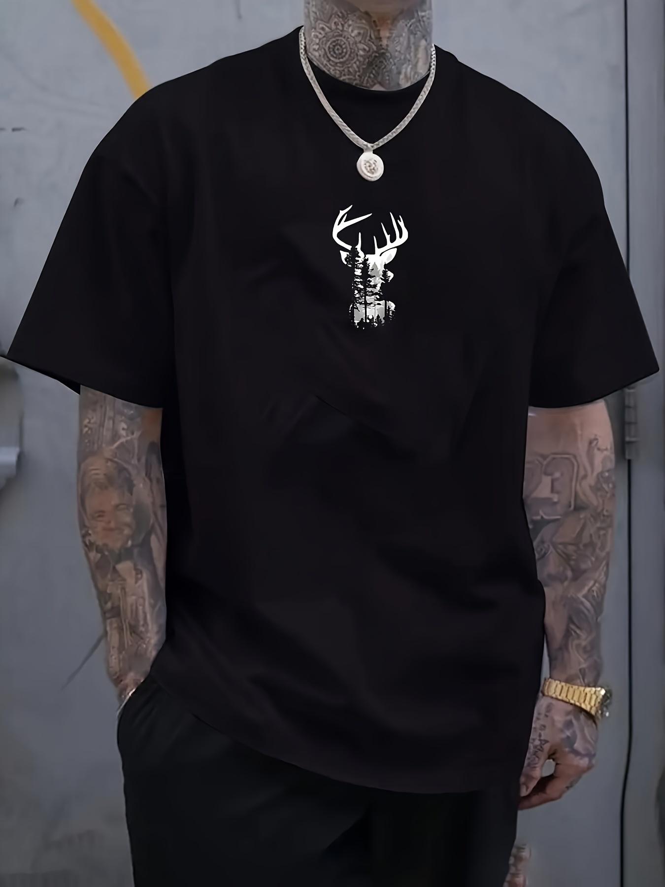 Black T-shirt with White Deer Head & Antlers Graphic - Casual Crew Neck XXXXL