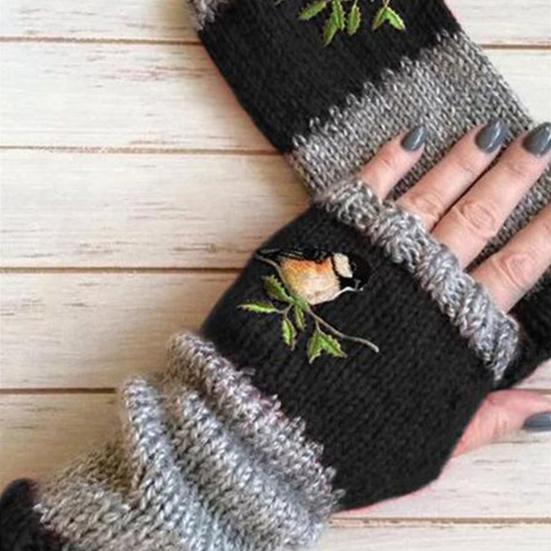Women Autumn Winter Bird Embroidered Gloves Knit Fingerless Color Block Mitten