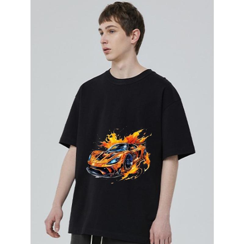 Black T Shirt with Flame Racing Car Print for Casual Wear