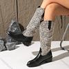 Comemore Women's Leopard Print Knee High Boots for Women Autumn New Pointy Head Patchwork Long Botas Thick Heeled Women Shoes