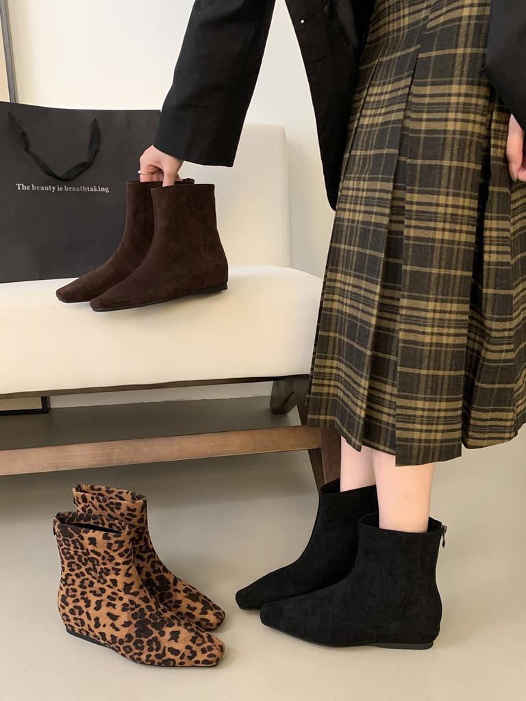 fashion Square Toe Women Ankle Boots Shallow Slip On Flat Heeled Black Brown Leopard 2024 New Arrivals Party Pumps Shoes Woman Size 39