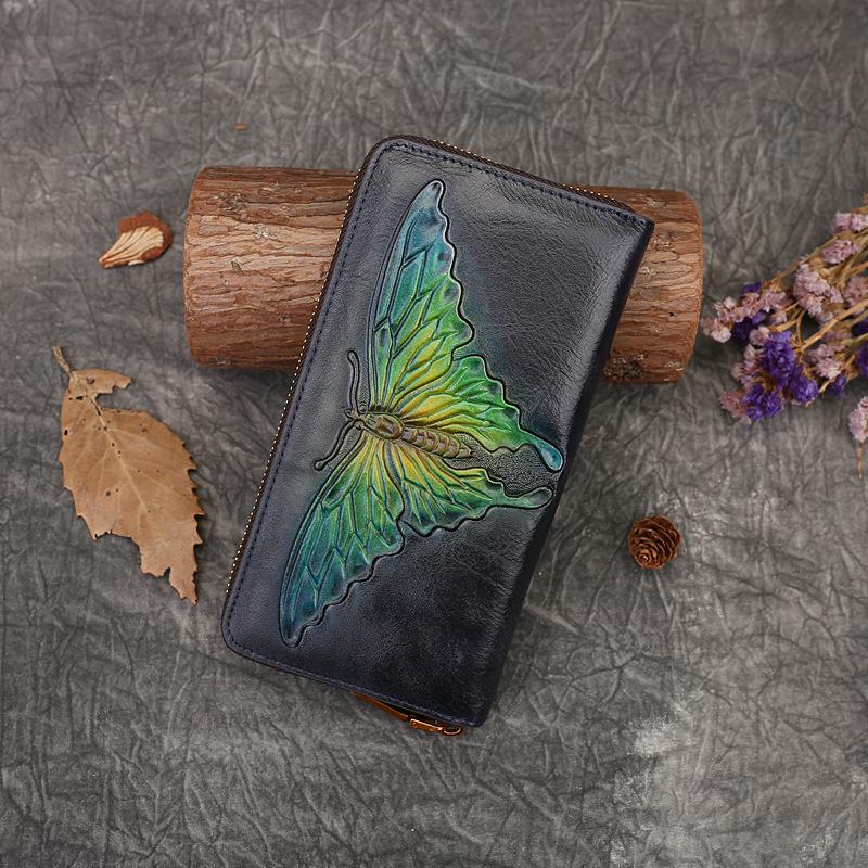 

Butterfly Embossed Genuine Leather Wallet, Vintage Handbag, Women s Top Layer Cowhide Change Card Bag, Dropshipping with Artistic Style синий