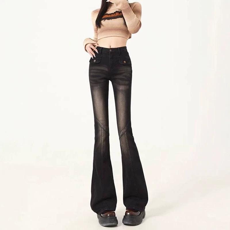 

Women s Black Micro-Flare High-Waisted Jeans, Stretchy Slim Fit, Versatile Spring/Autumn Design, Floor-Length Bell Bottoms. Extra Small