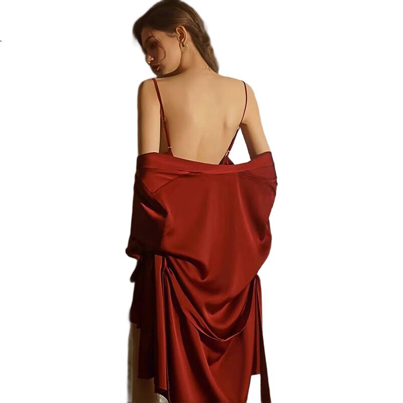 XUEXIMAN Roupão de Manhã, Roupa de Dormir para Noiva, Camisola Sexy Feminina de Seda Gelada com Alças Finas, Conjunto de Duas Peças, Roupão de Casamento Elegante, Roupa de Casa