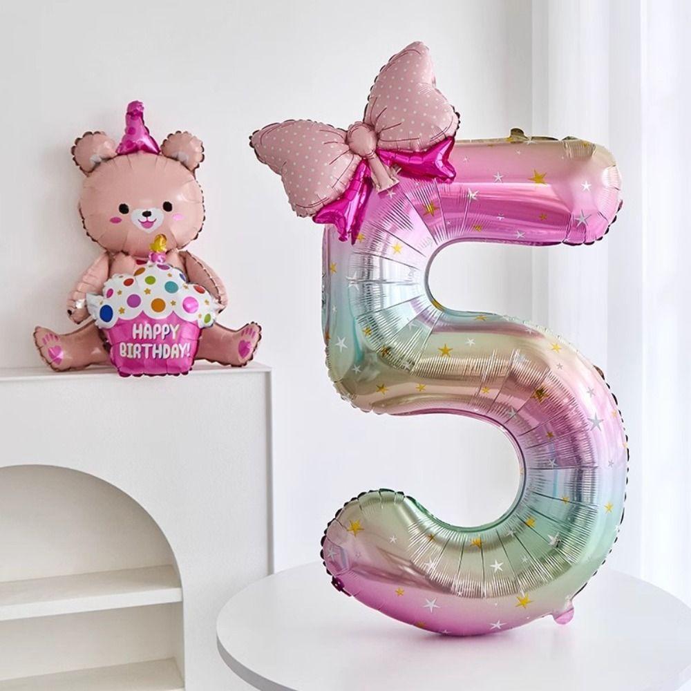 New 40Inch Birthday Number Ballons Colorful Gradient 0-9 Digit Pink Bownot Balloons Party Ballons Birthday Decorations