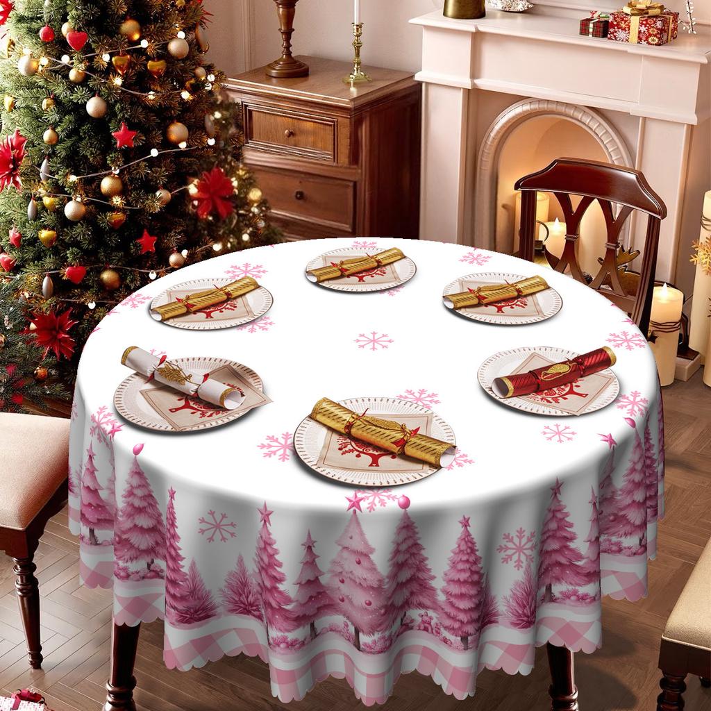 Christmas Pink Christmas Tree Printed Tablecloth, Snowflake Element Round Table Cloth, Festive Atmosphere Coffee Table Cloth
