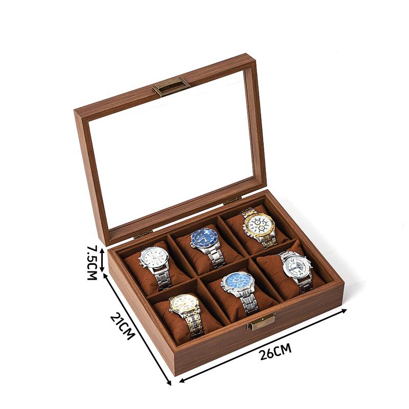 Walnut Wood Grain Watch and Jewelry Display Box with Glass Top