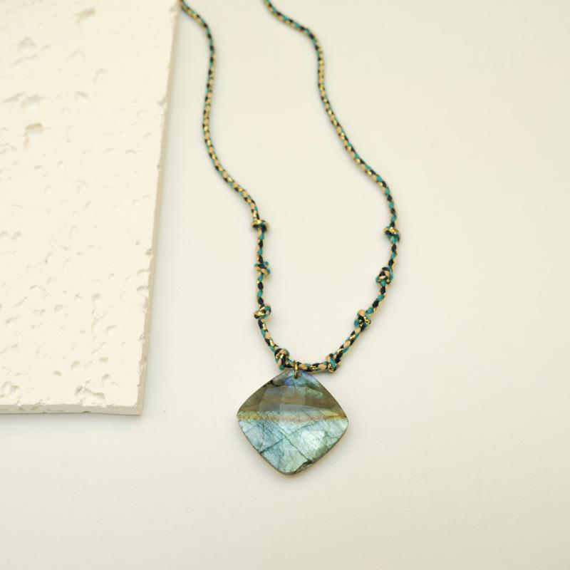 Elegant Blue Braided Rope Labradorite Necklace with Stainless Steel and Natural Stone Pendant