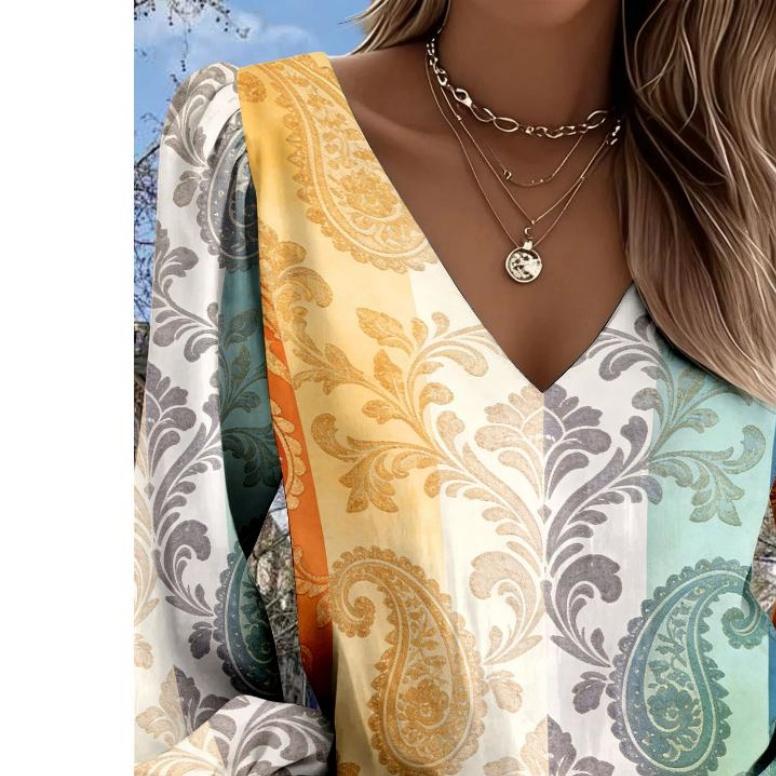 Lady Bohemian Retro Western Style V-Neck Shirt - Lantern Sleeve Top, suitable for casual outfits and vacation wear. Regular fit without stretch.