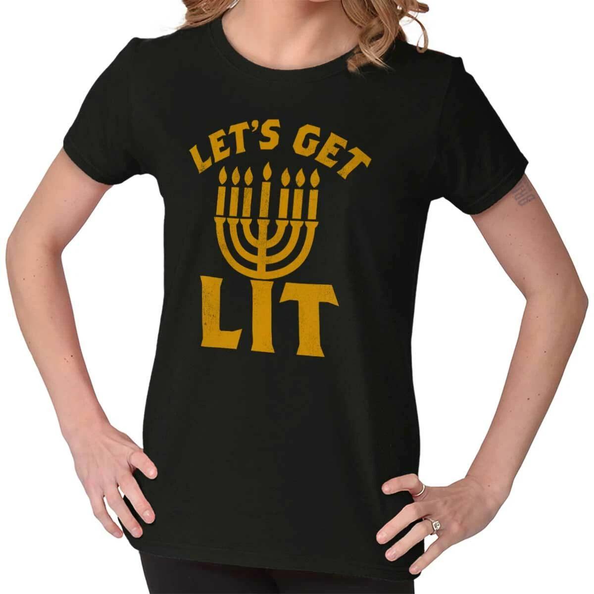 Funny Hanukkah Menorah Pun Let s Get Lit Womens Top Junior Graphic Tee S