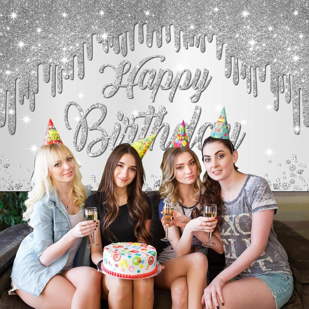 Happy Birthday Banner Silver Birthday Decorations for Women - Large Happy Birthday Backdrop Photography Background Banner Sign, Birthday Party Decor