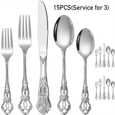 Ensemble de couverts en acier inoxydable 15 pièces de style royal vintage - Argenterie élégante avec couteaux, fourchettes et cuillères pour 3 personnes Miroir, lavable au lave-vaisselle