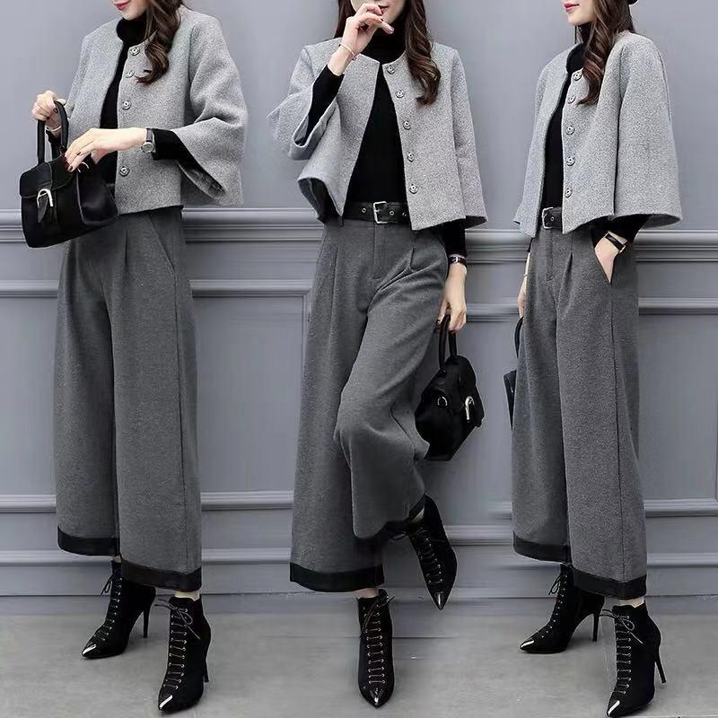 

2026 Women s Woolen Short Jacket & Wide-Leg Pants Set – Plus Size Casual Fashion for Spring & Autumn XXL