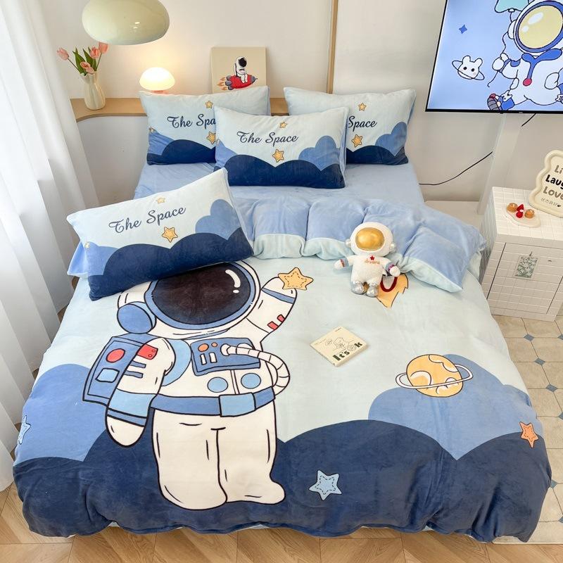 Thickened Milk Fleece Four-Piece Set, Fleece Astronaut Flange Coral Fleece Children'S Bed Sheet Quilt Cover Three-Piece Set Men