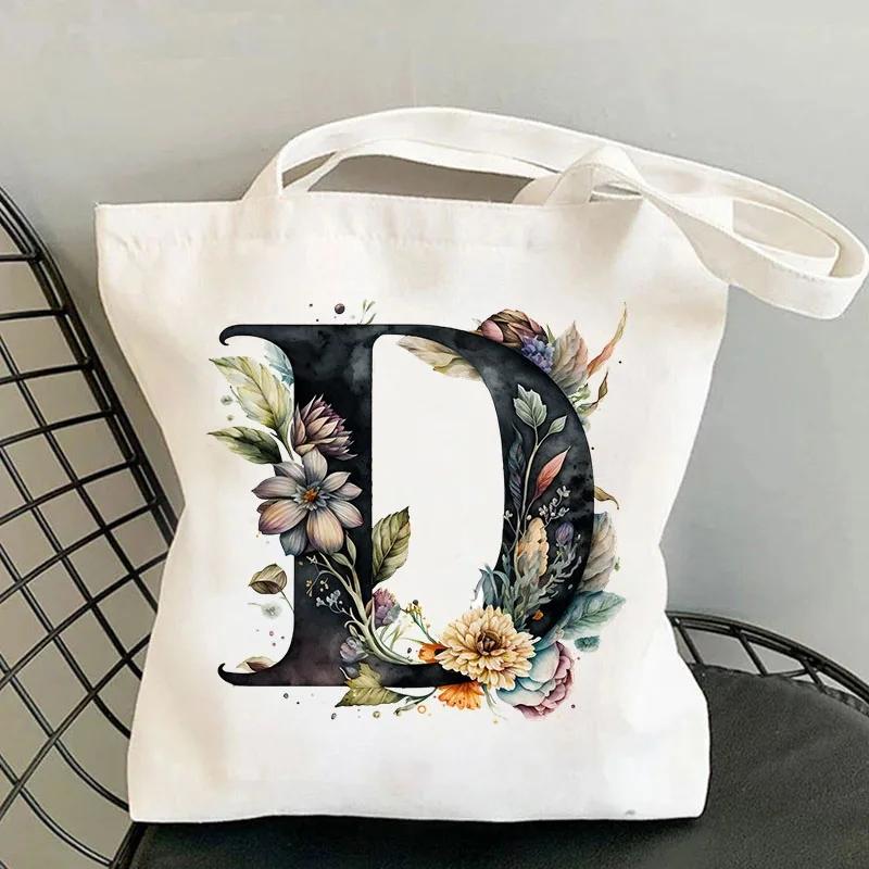 26 Black Alphabet Flower Tote Bags For Women Large Capacity Canvas Casual New Shopping Printed Reusable Handbag Eco Bag Large