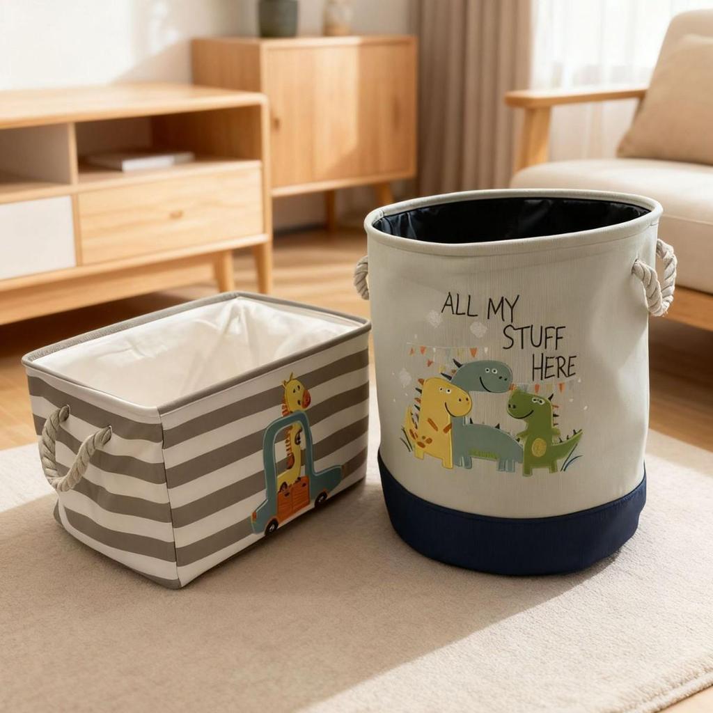 Cartoon Embroidered Fabric Toy Organizer & Laundry Basket