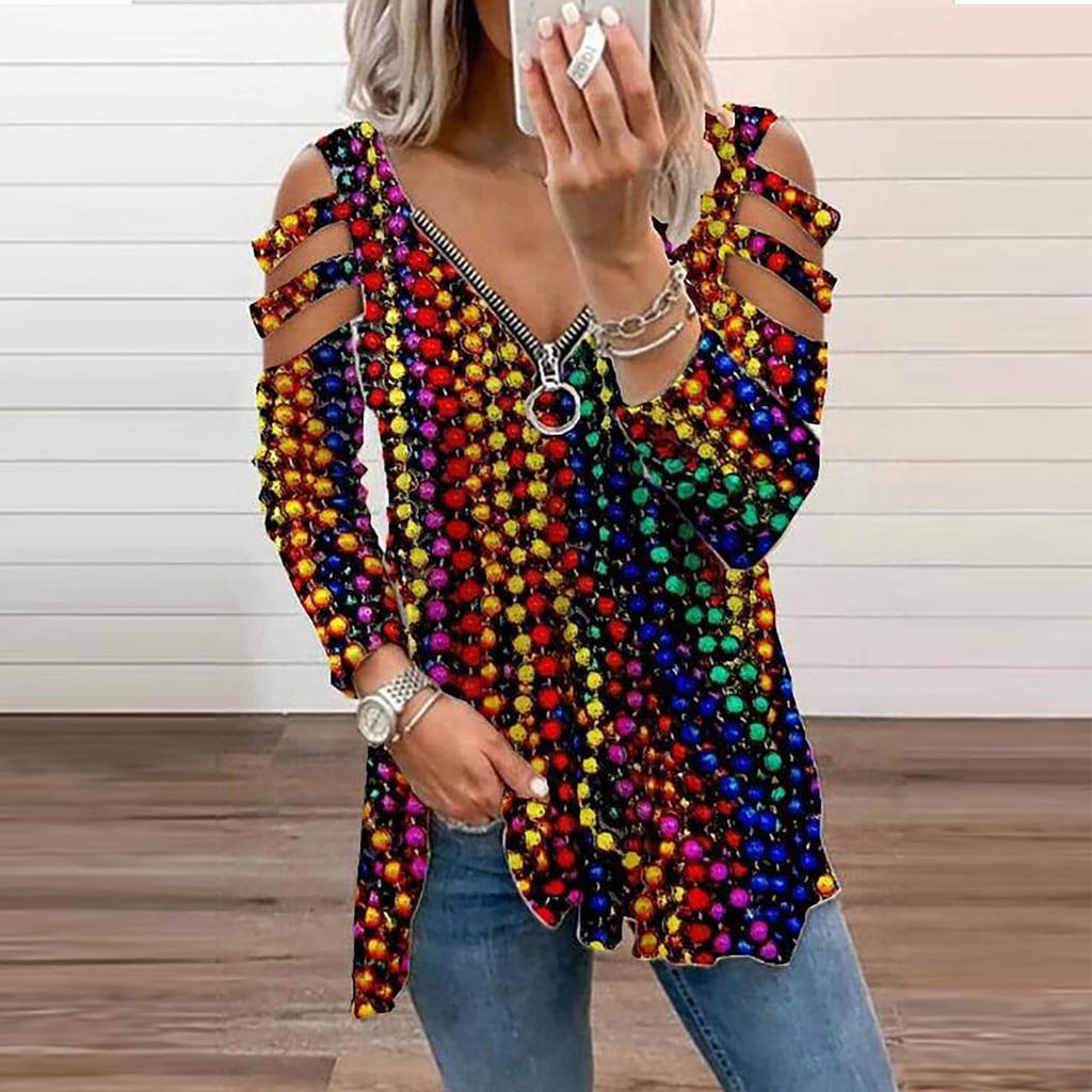 Women Casual Fashion Printed Zipper Long-sleeved V-neck T-shirt Top Blouse