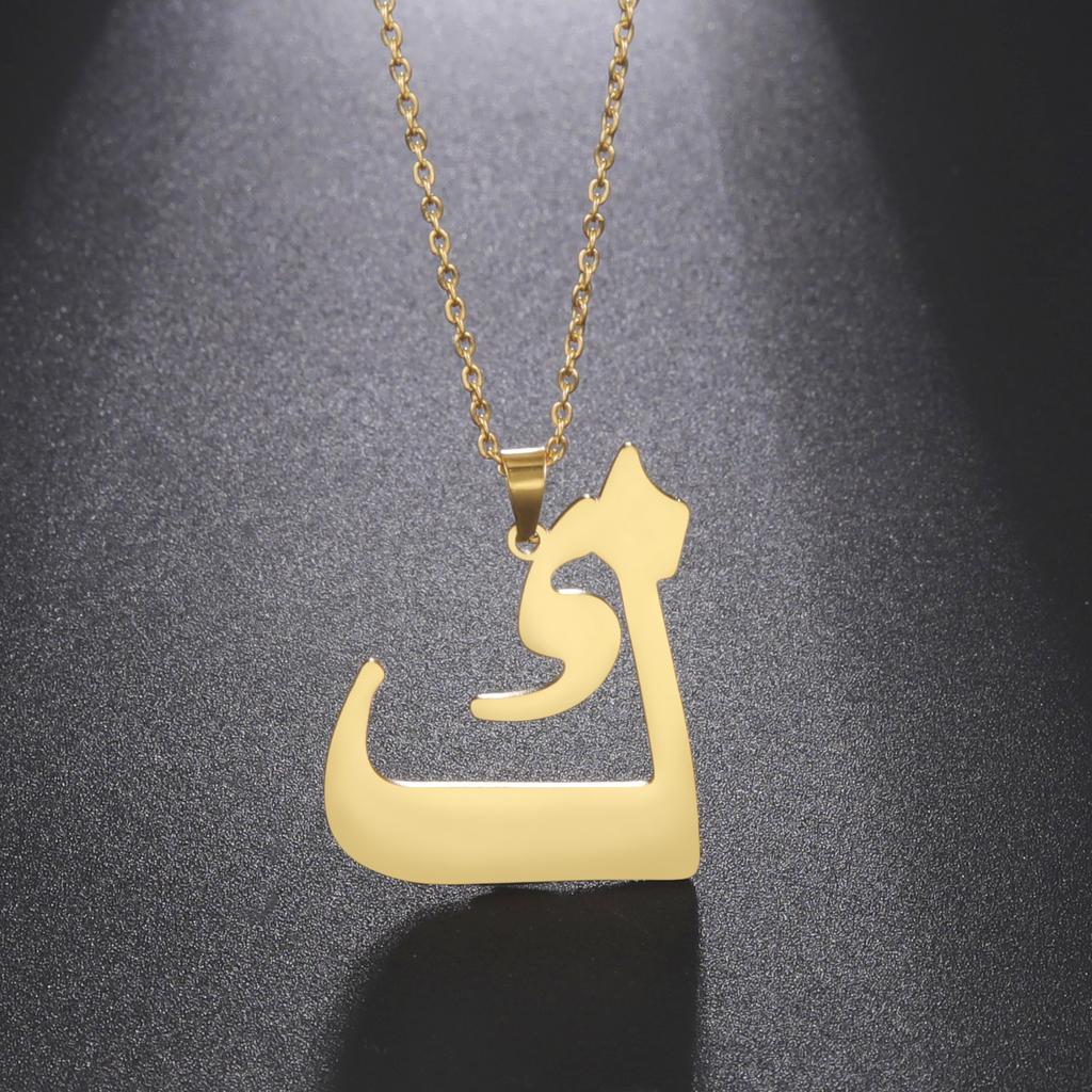 Fashion Titanium Steel Gold Arabic Letter Cut Shiny Pendant Necklace For Women