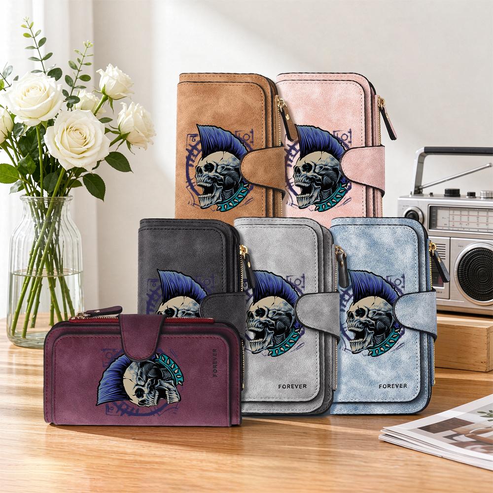 Skull Printed Long Wallet Punk Style Bifold Card Holder Large Capacity Casual Purse