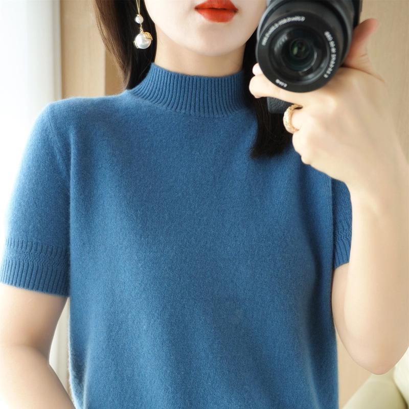 2025 Women's Loose Fit Short-Sleeve Knitted Sweater - Half-High Collar, Lightweight for Spring & Autumn