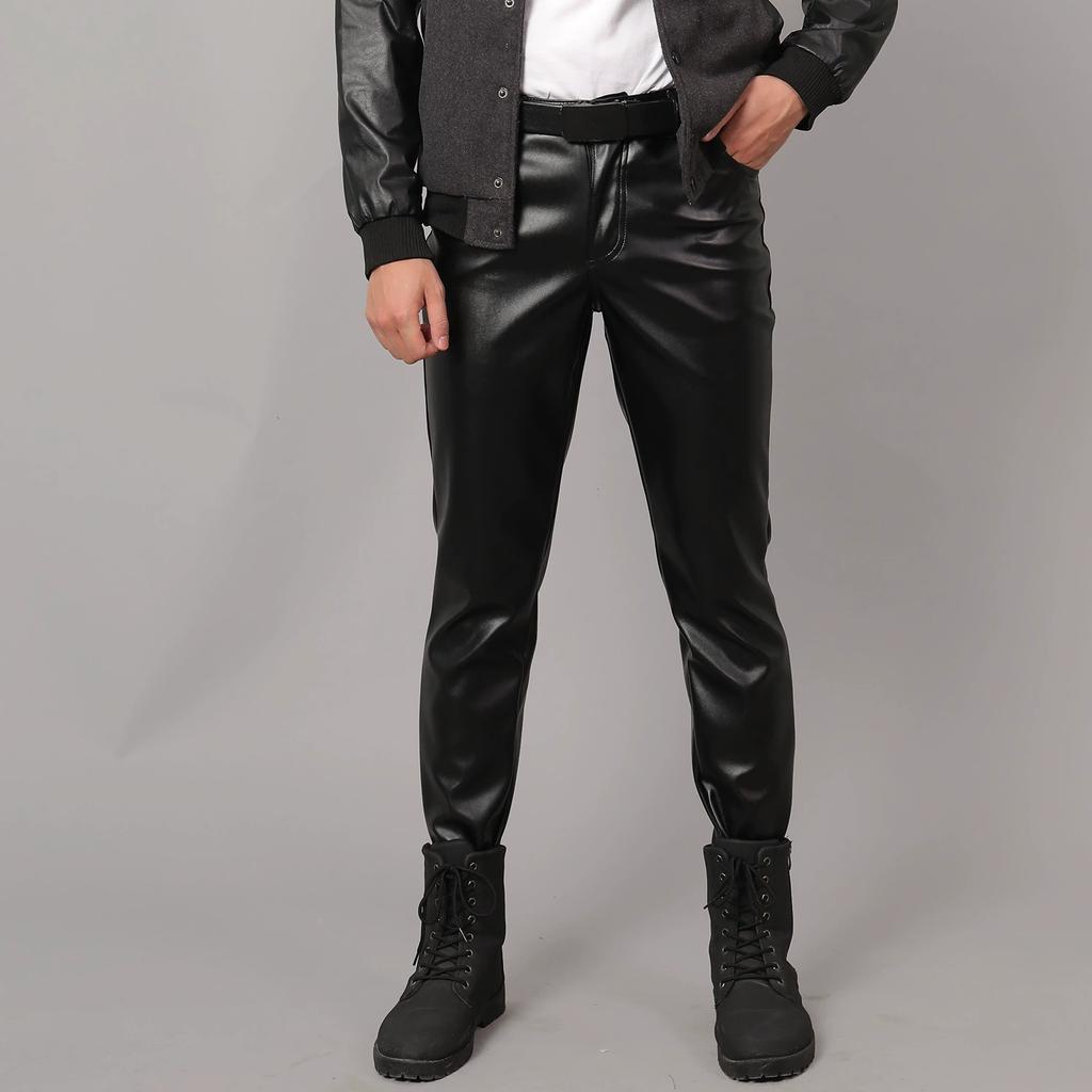 Men's Gothic Pants Spring and Autumn Waterproof Straight Elastic Comfortable Casual Stretch Slim Fashion PU Leather Pants