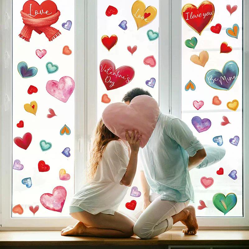 *9Pcs 20x30cm Valentine's Day Window Stickers Cute Watercolor Red Heart Pattern Electrostatic Sticker Wedding Party Home Decor