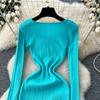 Autumn Winter Women Elegant V-neck Full Sleeve Knitted Pullover Sweater Long Maxi Party Mermaid Dresses