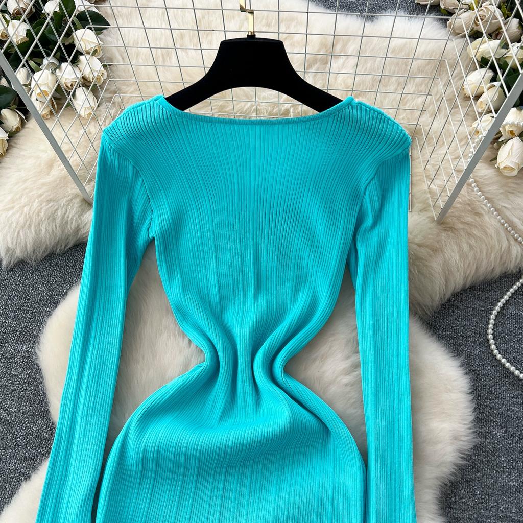 Autumn Winter Women Elegant V-neck Full Sleeve Knitted Pullover Sweater Long Maxi Party Mermaid Dresses