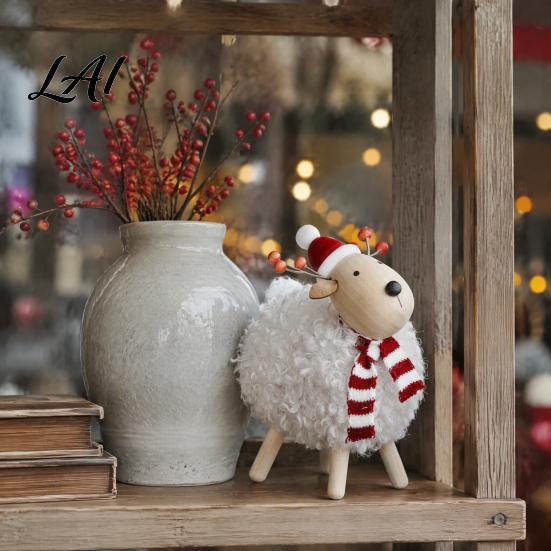Wooden Lamb Ornaments Christmas Sheep Figurine with Scarf Santa Hat Plush Fleece Versatile Wood Art Pieces Tabletop Ornament Rustic Holiday Desktop