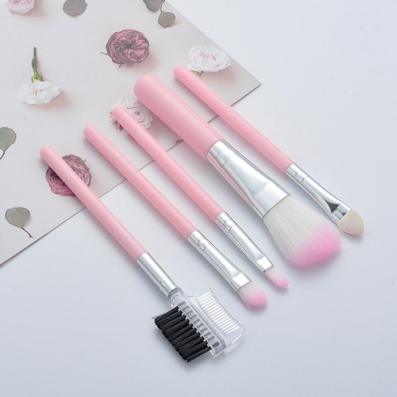 5-Piece Pink & Black Makeup Brush Set: Eyeshadow, Lip, Blush, Eyelash Brushes
