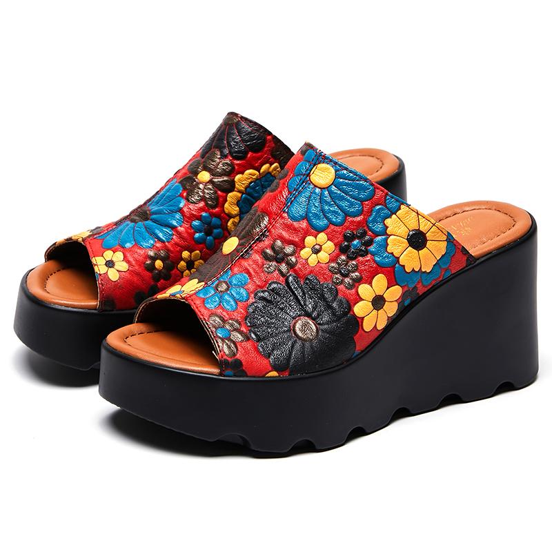 

Мода GKTINOO Натуральная кожа Цветы Женская мода Тапочки Сандалии 2025 Новые Летние Толстая подошва Высокий каблук Шлепанцы Уличные Сандалии 8.5