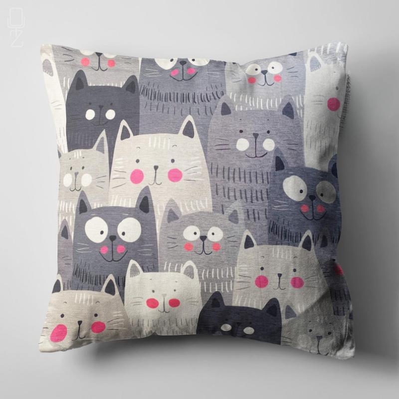 Vikama Grey Cat Cushion Cover Cartoon Cute Print Sofa Pillow Case For Living Room Car Bedroom Pet Lovers Home Decor