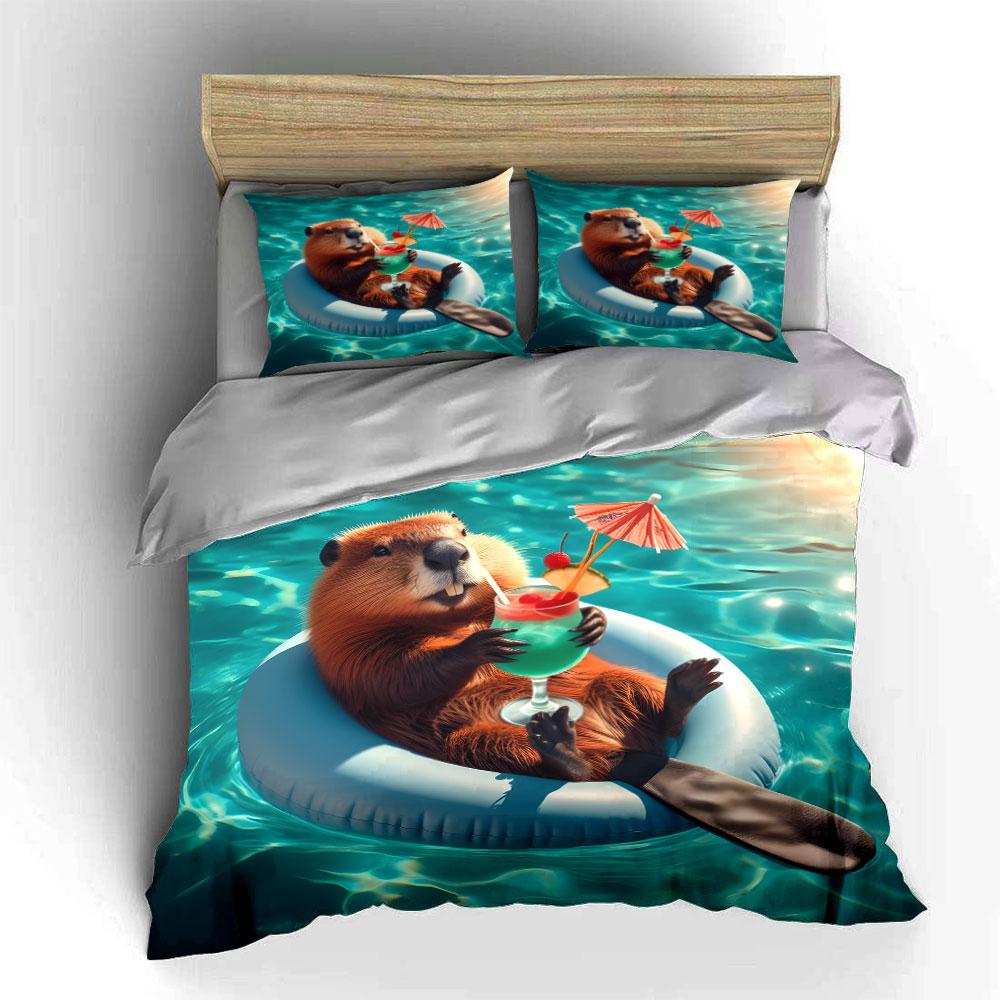 Beaver Relaxing In Pool Bedding Duvet Cover Set  (1*Duvet Cover 2*Pillowcases, Without Duvet Insert)