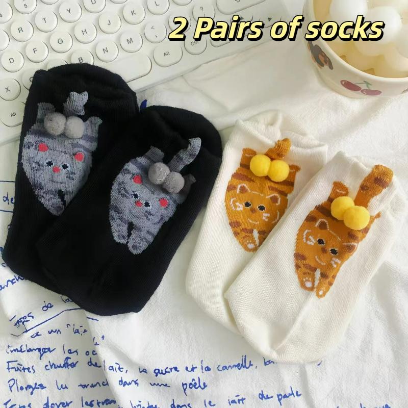1/2 Paar Cartoon Niedliche Katze Bälle Sportsocken Für Damen Mädchen Sommer Mittelrohrsocken Lustige Cartoon Katze Ding Glocke Ball Socken