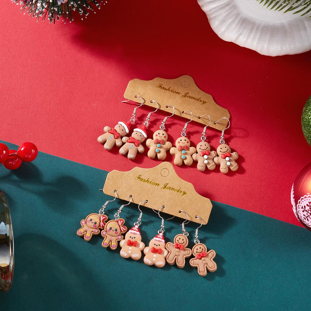 6 Pairs Christmas Gingerbread Man Dangle Earrings For Women Cute Resin Stereoscopic Simulated Cookies Earring New Year Jewelry
