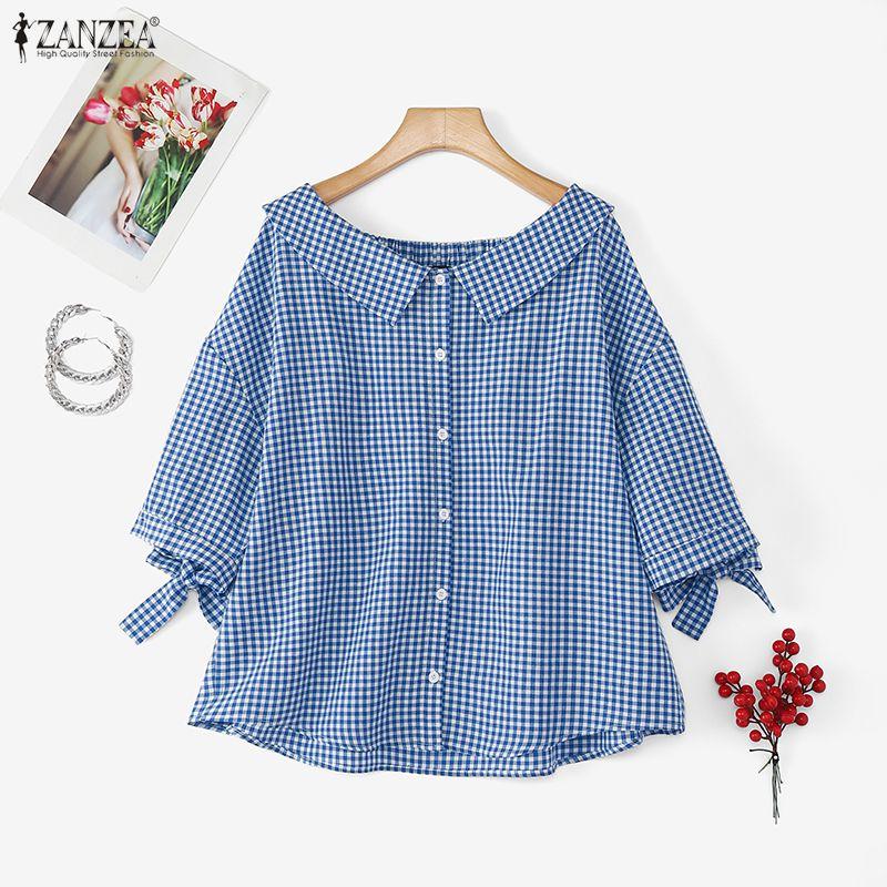 ZANZEA Damen Lässig Locker Reverskragen Kariert 3/4-Ärmel Bluse