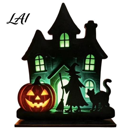 Haunted House Decoration Witch Wooden Table Centerpiece Spooky Castle Black Cat Standing Matte Halloween Tabletop Ornament for Party Desk