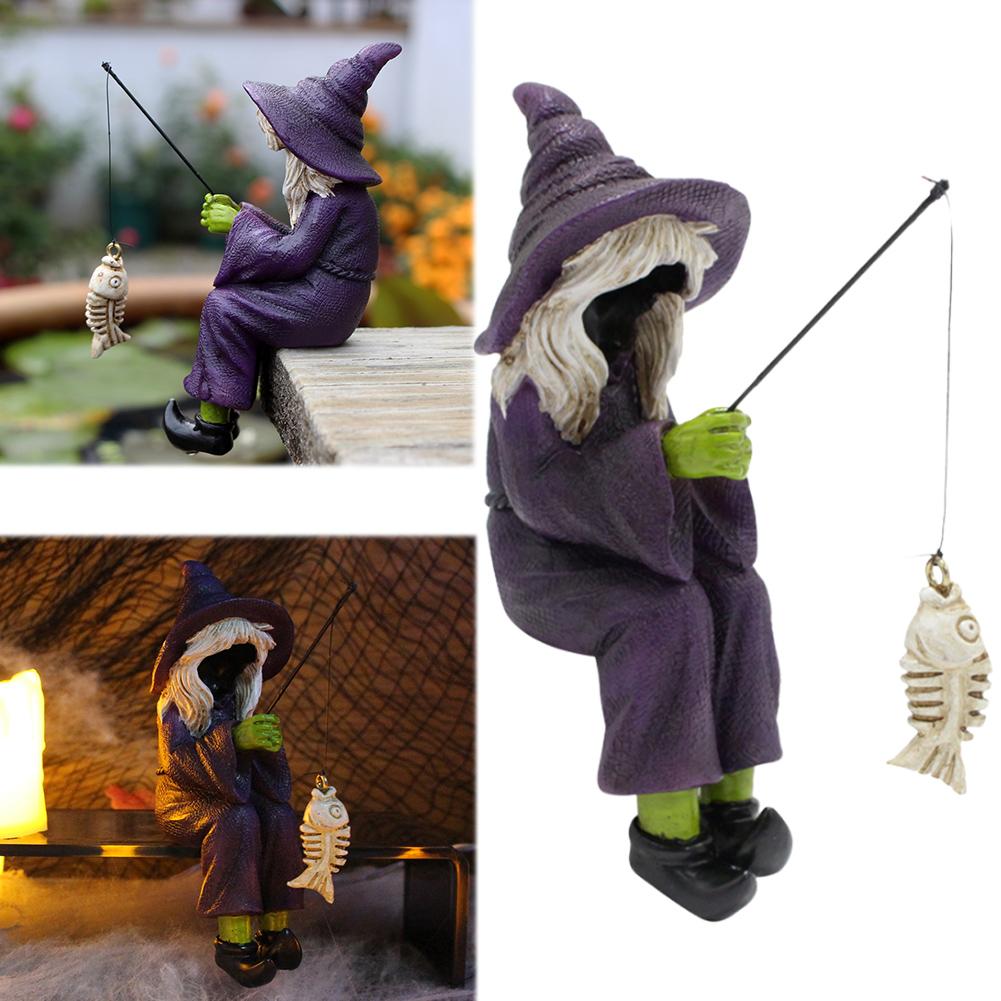 Resin Home Purple Witch Fishing Ornament Gift Funny Halloween Decoration Fishing Witch Sculpture for Ghost Festival Garden Yard