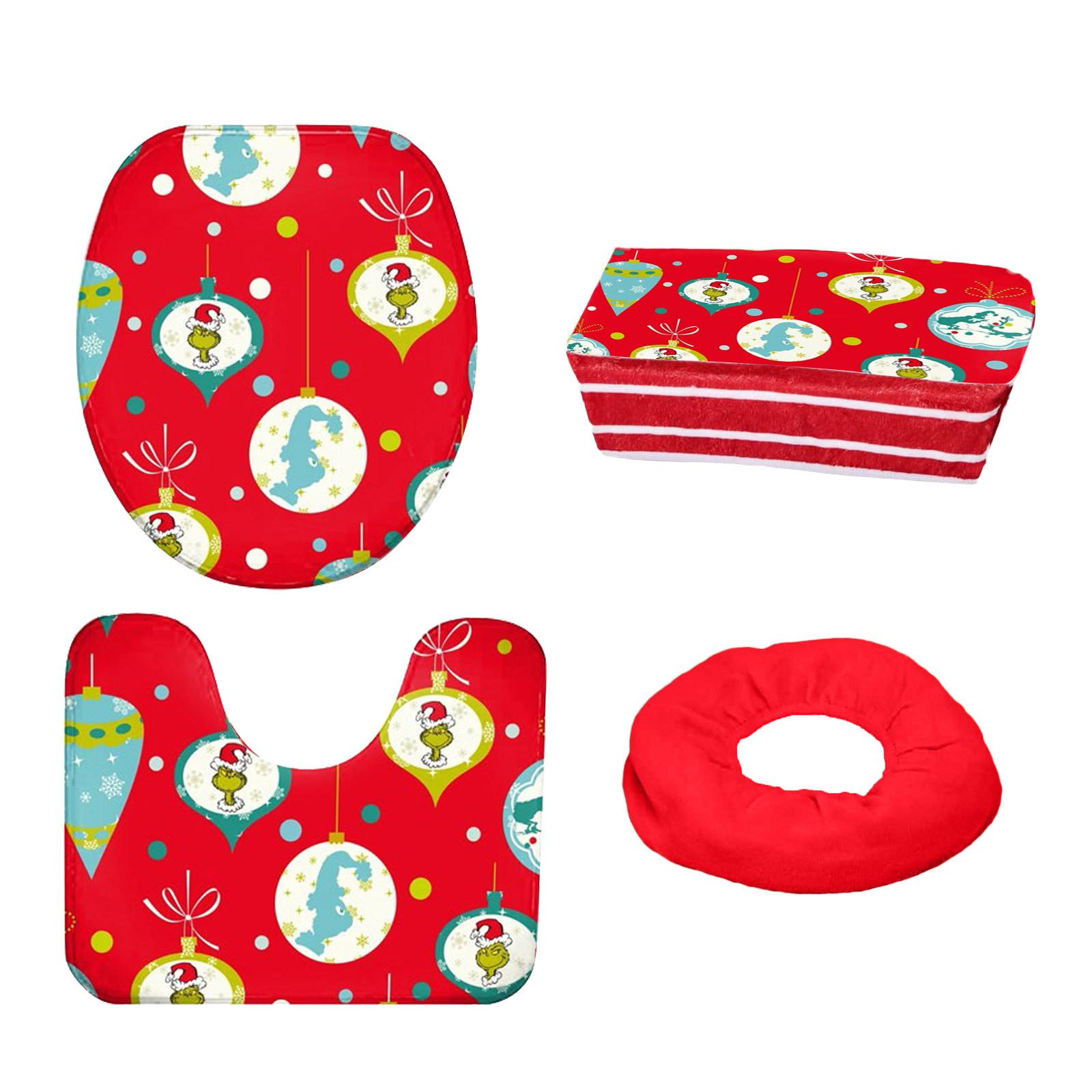 

4Pcs Christmas Bathroom Pedestal Rug Lid Toilet Cover Bath Mat Shower Bathroom Non-Slip Pedestal Rug One Size