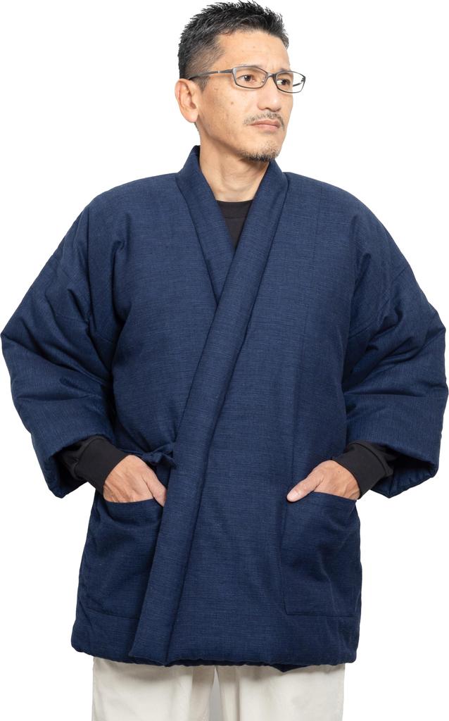 Watanosato Men's Warm Padded Hanten (Hanten) - Made in Japan - Solid Color with Four Cords and a Matching Weave Pattern (Navy, One Size Fits All)