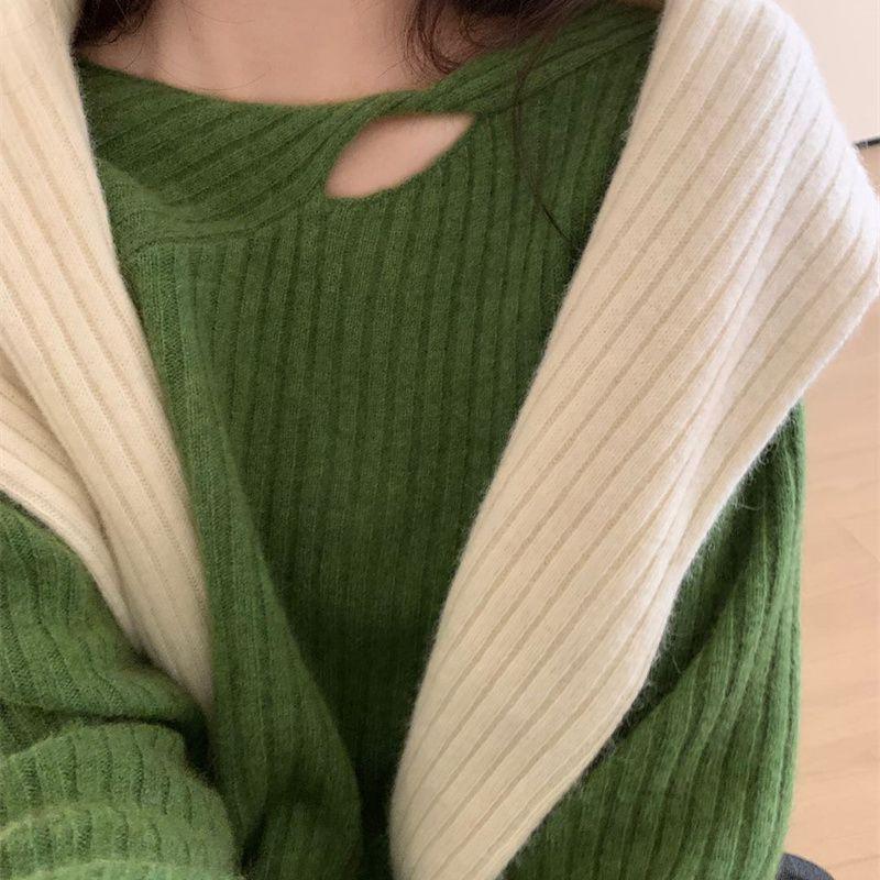 

Пуловер с вырезом, свитер с длинными рукавами, вязаный свитер, базовый топ, осень и зима, новый стиль 3XL зелёный