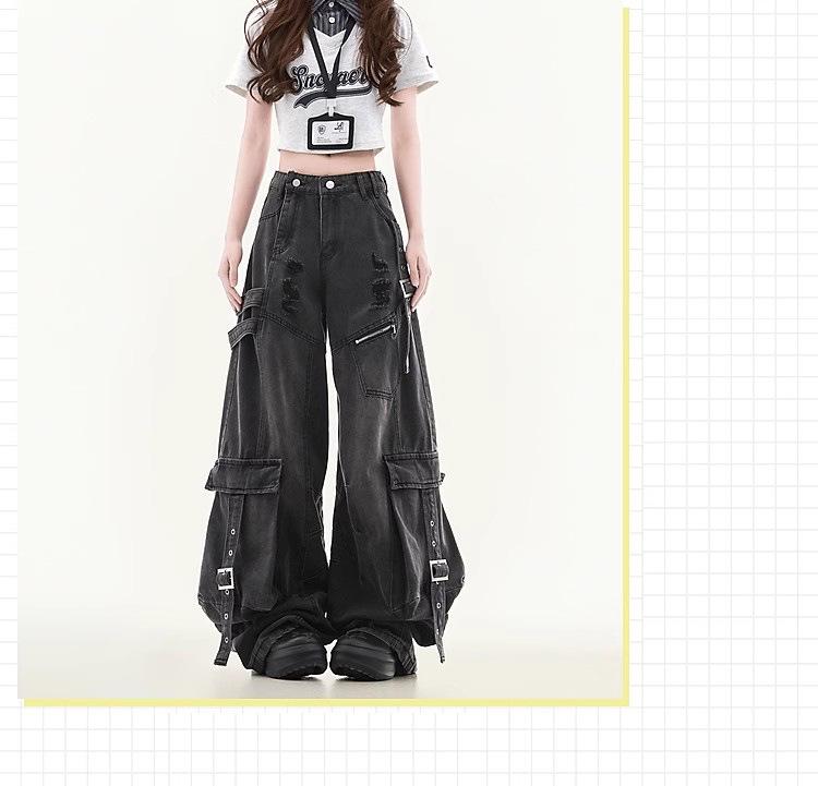 Unisex Wide-Leg Multi-Pocket Ripped Blue Jeans with Deconstructed Ribbon