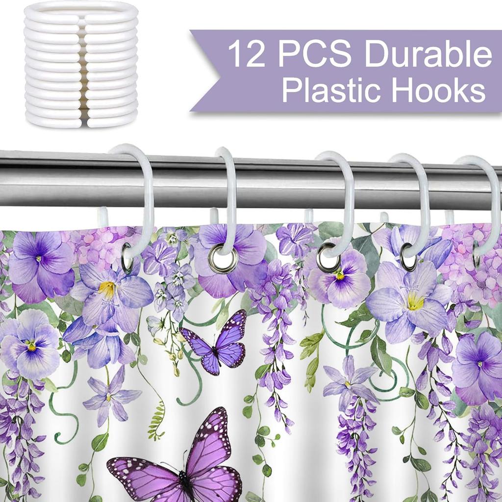 Mocsicka Purple Butterfly Shower Curtain Spring Purple Floral Butterfly Bathroom Shower Curtain Nature Garden Plant Waterproof Fabric Shower Curtain