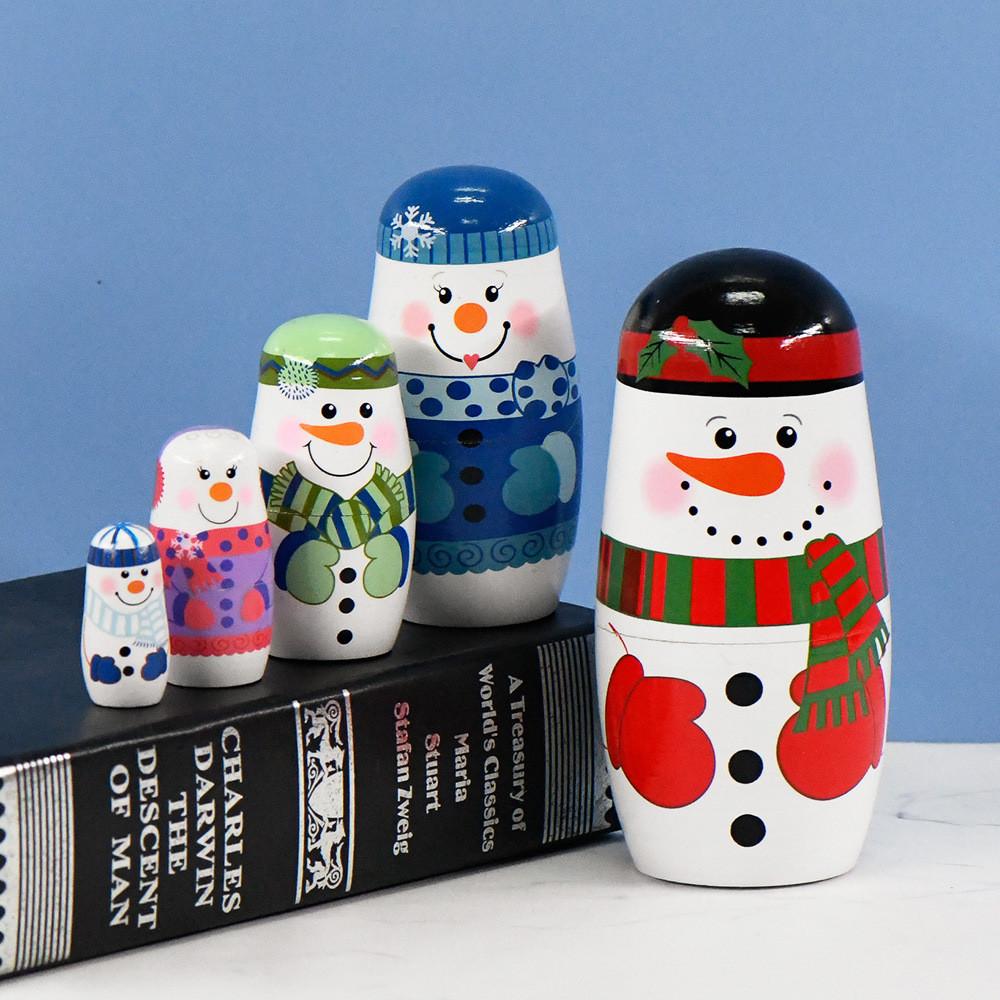 Matryoshka Wooden Snowman Doll Set Cartoon Home Decoration Christmas Toy Gifts