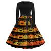 Women Casual Halloween Print Dress Long Sleeve Round Neck Retro Vintage Style Midi Dress with Waist Tie